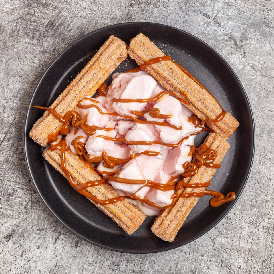 Churros with pink ice cream and caramel drizzle on a black plate, from Luis Mexican Food & Grill.