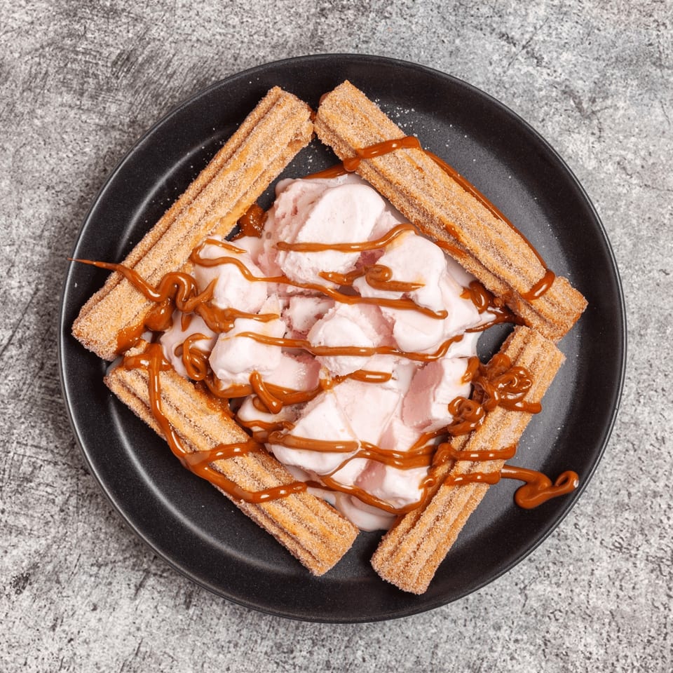 Churros with pink ice cream and caramel drizzle on a black plate, from Luis Mexican Food & Grill.