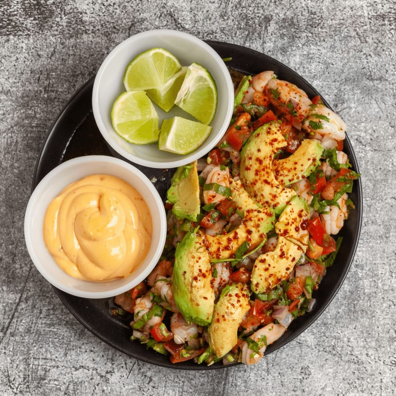 Shrimp ceviche with avocado, tomatoes, onions, cilantro, lime wedges, and a side of sauce.