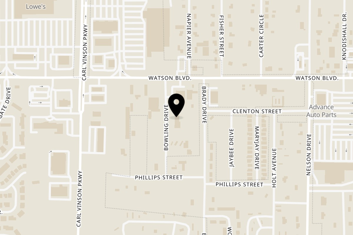 Map showing the location of Luis Mexican Food & Grill 105 Bowling Drive on 105 Bowling Dr B in Warner Robins